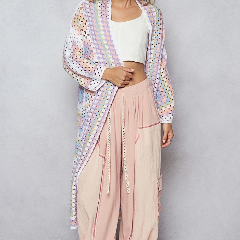 POL Pastel Crochet Open-Front Cardigan in White, Lavender, Pink, Blue